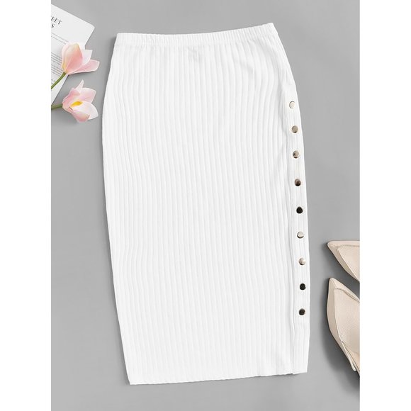 MBM Unlimited Dresses & Skirts - White High Waist Ribbed Side Slit Midi Skirt